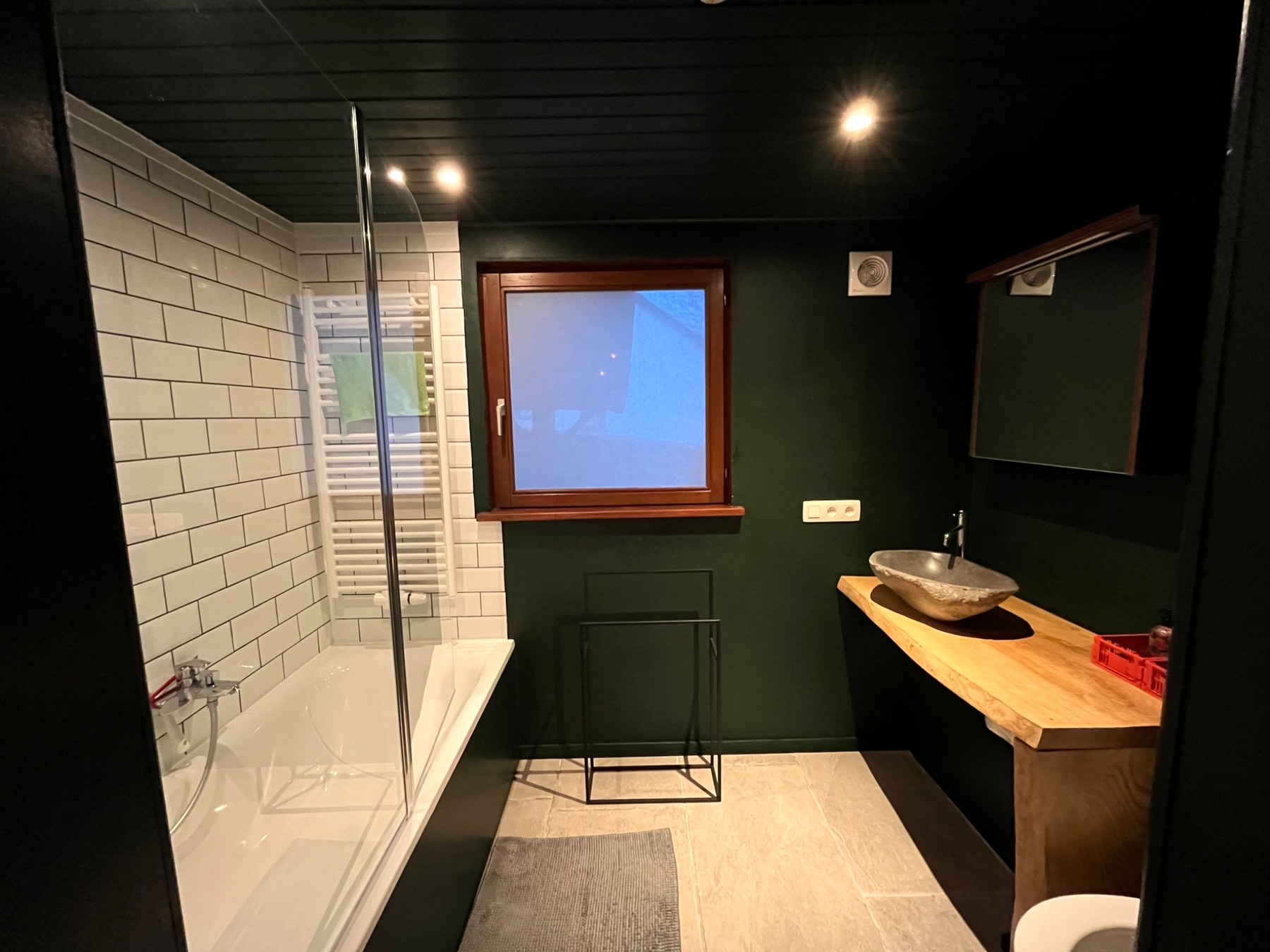 Badkamer met ligbad, douche en toilet